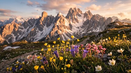 Fototapeta premium Colorful wildflowers in front of high mountains at sunset
