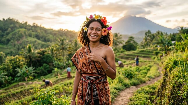 Close Up Portrait Flores Woman Curly Hair Tropical Flowers Warm Light