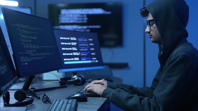 Hacker male wearing hoodie typing on computer keyboard in dark room, Concept of cybersecurity, cybercrime, software engineering, dark web, data breaches and modern digital network protection