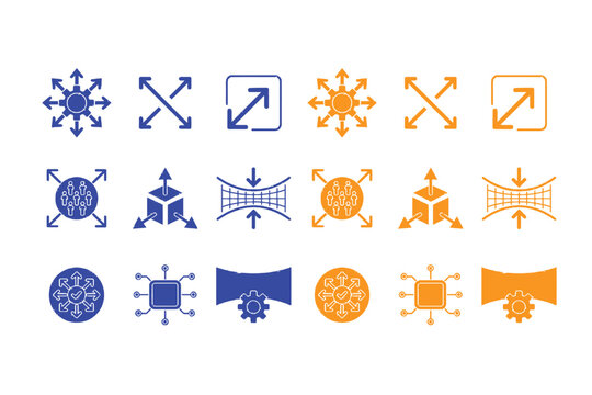 Scalability and data distribution icon set with network expansion and core processing symbols