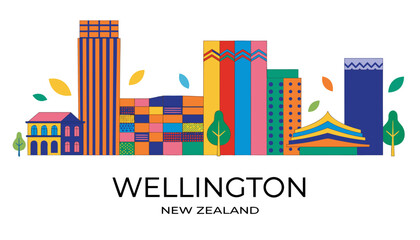 Fototapeta premium Vector illustration of Wellington skyline in colorful silhouette, with “WELLINGTON” text, on white background, modern city identity and tourism design