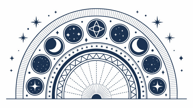 Cosmic arch logo with moon phases and stars abstract graphic design