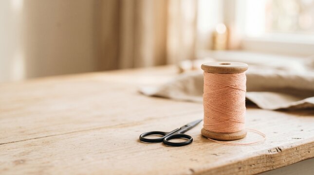 Thread spool and scissors on wooden table in bright room  