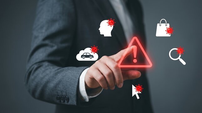 Cybersecurity risk management concept, businessman pointing at digital warning triangle icon, computer virus and malware threat icons on dark background