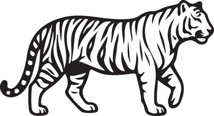Black and white illustration of a tiger walking, stylized vector graphic of a wild cat © Ajoy