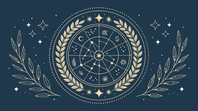 Zodiac star chart with laurel wreath and celestial elements on dark blue background