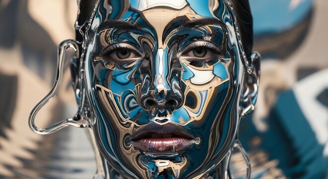 Face with intricate blue and white paint and silver loops against blurred background