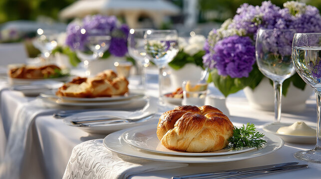 Elegant summer banquet table setting with crusty bread rolls and purple floral centerpieces for outdoor dining background and event banner