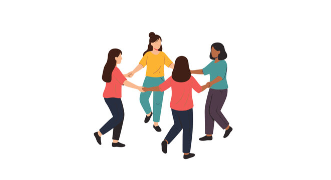 Group of four diverse women holding hands and dancing together in a circle to celebrate friendship and unity on a white background.