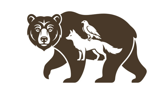 A minimal vector illustration featuring a brown bear silhouette containing a wolf and eagle design