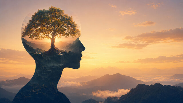 AI generated double exposure portrait flourishing tree mountain landscape symbolizing personal growth consciousness mindfulness resilience inner strength