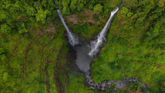 The Tad Fane waterfall, on the Bolaven Plateau in Laos aerial view