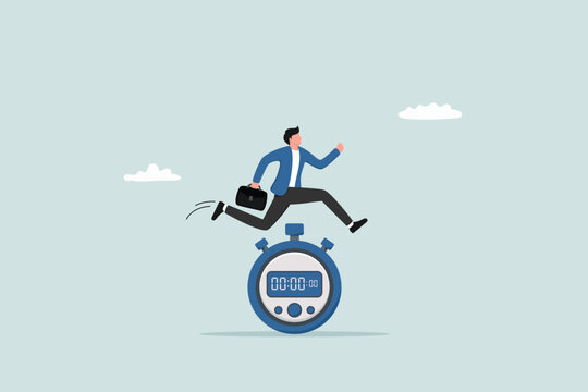 Quick response to get the job done as soon as possible, reaction to priority tasks or important concepts, businesspeople who are quick to respond and jump high past the countdown timer.