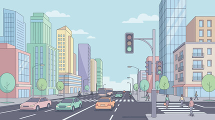 Obraz premium Cartoon city street scene with buildings, cars, traffic lights, and pedestrians