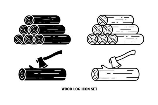 Wood log and axe icons set for forestry and logging with firewood forestry chopping industry material