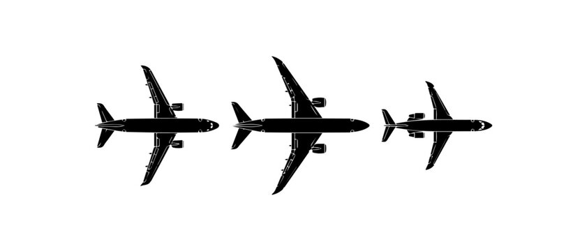 Top view airplane silhouette icons for aviation design with airplane aircraft aviation transport