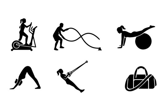 Set of workout people silhouettes exercising with gym equipment silhouette exercise training athletic