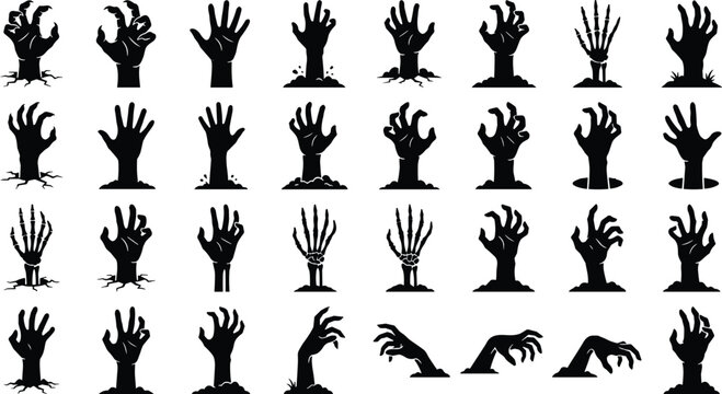 Zombie Hand Silhouette Collection Rising from Ground Vector Illustration