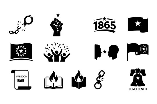 Juneteenth emancipation icons set with chains and symbols of freedom juneteenth emancipation heritage