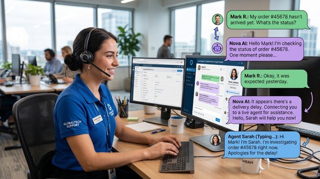 Smiling woman wearing a headset and working on computer in office with customer support chat on screen
