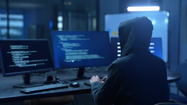 Hacker male wearing hoodie typing on computer keyboard in dark room, Concept of cybersecurity, cybercrime, software engineering, dark web, data breaches and modern digital network protection