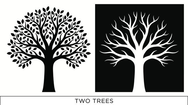 Comparison of Leafy and Bare Tree Silhouettes in Black and White