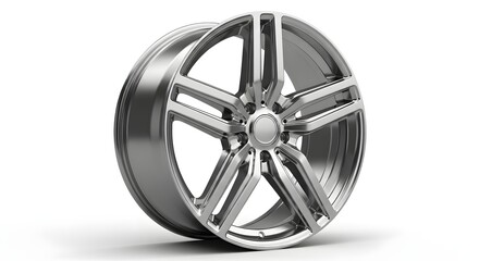 Obraz premium Shiny silver alloy wheel for a car, isolated on a white background, showcasing automotive design and detail.