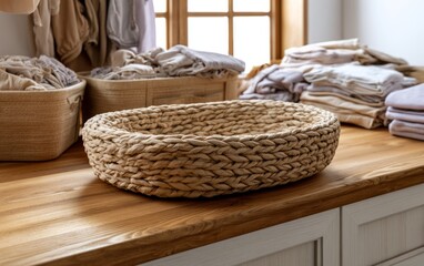 Obraz premium Cozy Nursery Corner with Woven Basket, Soft Textiles, and Natural Wood Finishes for Baby Care