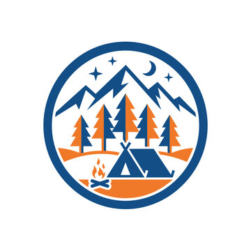 Circular mountain landscape logo with trees and campfire.