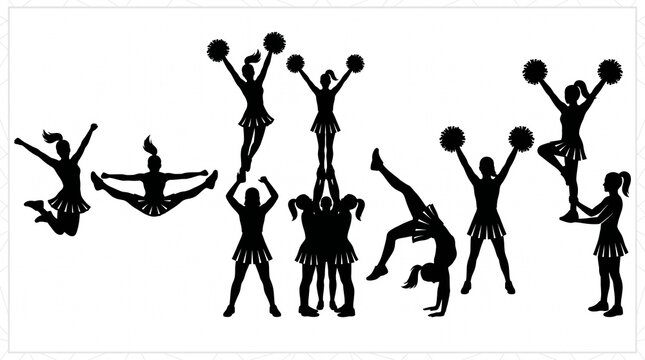 Panoramic Vector Banner of Nine Cheerleaders Performing Stunts as Crisp Black Silhouettes Against Pure White Background