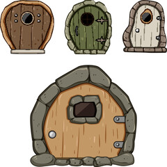 Obraz premium Whimsical wooden doors with stone accents and curved designs offer entrance to magical homes, evoking childhood wonder and imaginative storytelling for fantasy themes
