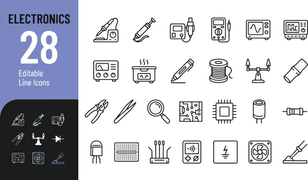 Electronics and circuit board repair line icon set. Soldering iron, multimeter, oscilloscope, microchip, hardware components minimal vector illustration. Simple outline signs. Editable Stroke.