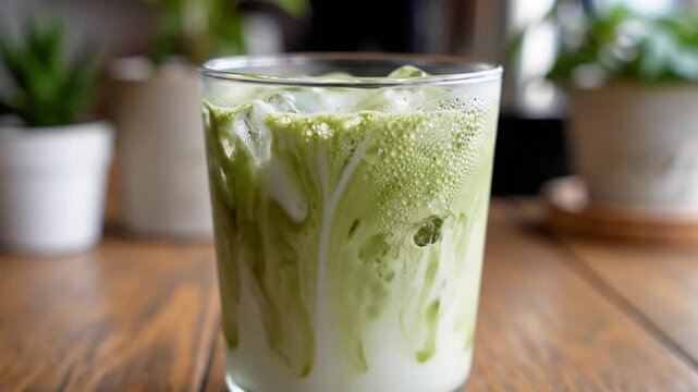 Matcha green tea being poured.