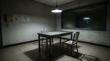Fototapeta premium Dark police interrogation room with table and one-way mirror