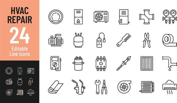 HVAC repair line icon set. Air conditioning maintenance, heating system, ventilation service, furnace boiler, condenser unit, manifold gauge, thermostat minimal vector illustrations. Simple outline si