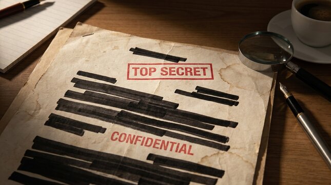 Top secret redacted document with magnifying glass on wooden desk