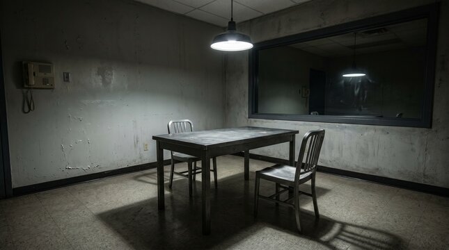 Dark police interrogation room with table and one-way mirror