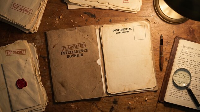 Classified intelligence dossier and top secret files on a wooden desk