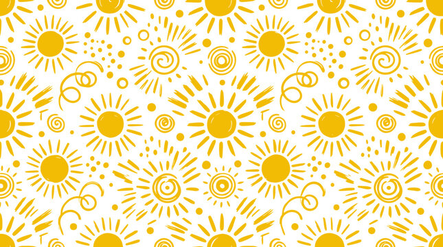 Hand drawn yellow suns seamless pattern background