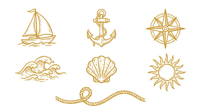 Nautical icons set with sailboat anchor and compass gold line art