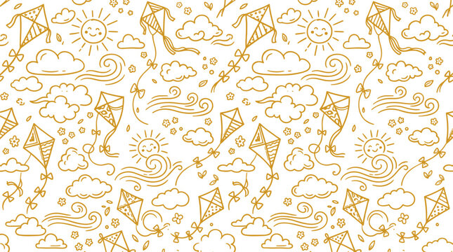 Seamless pattern with hand drawn kites sun and clouds