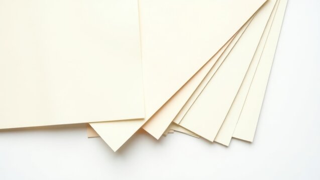 Stack of off-white and cream colored paper sheets minimalist arrangement on white background