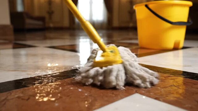 Yellow mop cleaning a wet polished marble floor in a bright luxury hotel lobby