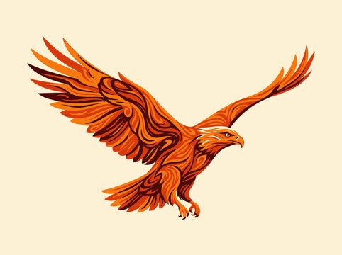 Stylized Eagle Illustration with Intricate Tribal Patterns and Warm Flame Colors; Artistic Flying Hawk Vector Art for Logos and Branding