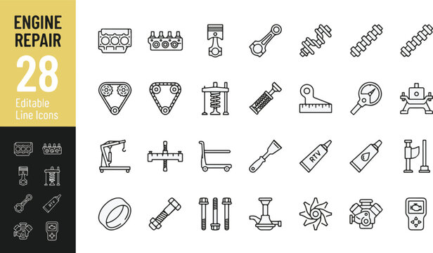 Engine repair line icon set. Piston, crankshaft, cylinder block, camshaft, timing chain, engine hoist, mechanical tools minimal vector illustration. Simple outline signs for car maintenance service sh