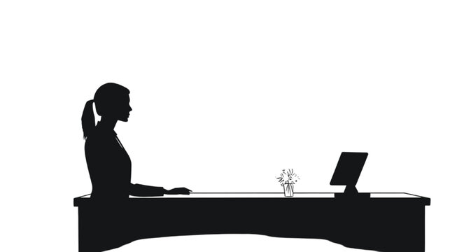 Businesswoman sits at a desk with a computer monitor while working in a modern office environment.
