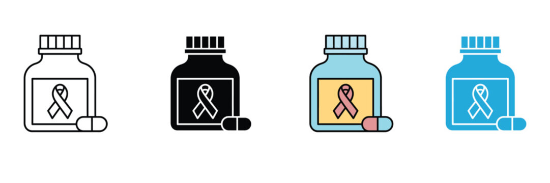 Cancer medicine bottle icon set, oncology treatment capsule icon, healthcare awareness ribbon pill bottle symbol vector illustration