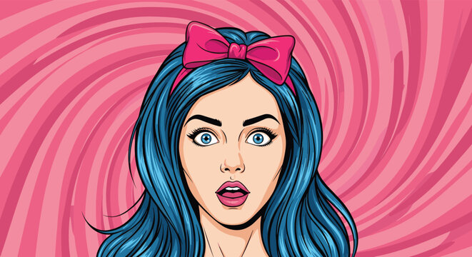 Comic book style pop art illustration of a woman with blue hair and a pink bow looking extremely surprised with wide eyes and open mouth.