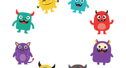 Fototapeta premium Group of cute and colorful cartoon monsters are arranged in a circular formation for a fun children illustration.