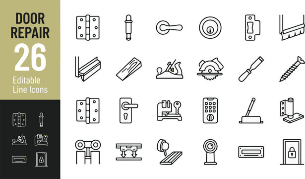 Door repair line icon set. Hardware maintenance, lock installation, carpentry tools, hinge replacement minimal vector illustration. Simple outline signs for handyman services. 48x48 Pixel Perfect.